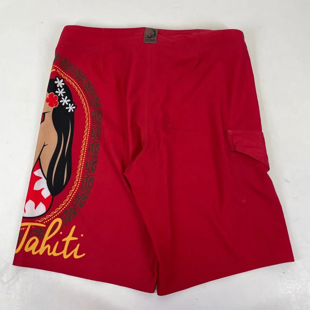 Hinano Tahiti Mens Red Board Shorts Vahine Logo Graphic Swim Trunks Size 32